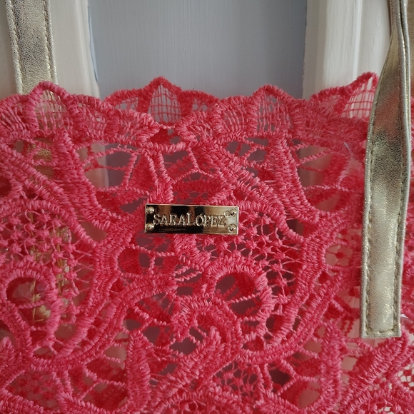 Sarah Lopez Pink Lace Beach Tote Bag with Gold Handles - Picture 2 of 8